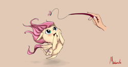 Size: 1700x900 | Tagged: safe, artist:miokomata, fluttershy, human, pegasus, pony, behaving like a cat, cat toy, cute, duo, fluttercat, hand, happy, hnnng, jumping, looking at something, looking up, midair, shyabetes, simple background, smiling