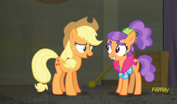 Size: 795x469 | Tagged: safe, screencap, applejack, plaid stripes, earth pony, pony, the saddle row review, discovery family logo