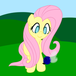 Size: 1000x1000 | Tagged: safe, artist:bennimarru, fluttershy, parasprite, pegasus, pony, looking at something, looking down, smiling, solo, standing