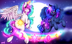Size: 6381x3888 | Tagged: safe, artist:aaa-its-spook, princess celestia, princess luna, alicorn, pony, absurd resolution, blushing, cloud, cloudy, crown, elements of harmony, eyeshadow, female, flying, glowing cutie mark, glowing horn, glowing mane, horn, jewelry, lipstick, looking at you, magic, makeup, moon, night, rainbow, regalia, sparkly mane, stars, sunbutt, underhoof, wings