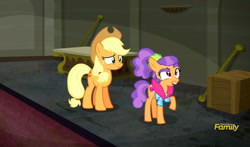 Size: 795x469 | Tagged: safe, screencap, applejack, plaid stripes, earth pony, pony, the saddle row review, discovery family logo