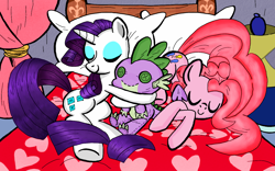 Size: 1280x800 | Tagged: safe, artist:cabrony, artist:lumdrop, color edit, edit, pinkie pie, rarity, spike, dragon, earth pony, pony, unicorn, bed, colored, cute, implied shipping, implied sparity, implied straight, sleeping, spike plushie