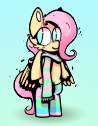 Size: 1299x1673 | Tagged: safe, artist:densomething, fluttershy, pegasus, pony, semi-anthro, bipedal, clothes, gradient background, scarf, socks, solo, striped socks