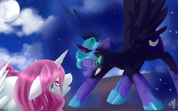 Size: 1800x1124 | Tagged: safe, artist:neko-luvz, nightmare moon, princess celestia, princess luna, alicorn, pony, crying, cutie mark, duo, female, floppy ears, gritted teeth, looking at each other, mare, nightmare luna, pink-mane celestia, s1 luna, transformation