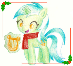 Size: 600x539 | Tagged: safe, artist:flutterluv, lyra heartstrings, christmas, clothes, holly, lyre, magic, scarf, solo, traditional art