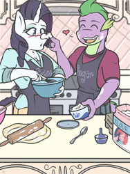 Size: 750x1000 | Tagged: safe, artist:doggonepony, rarity, spike, anthro, boop, couple, curious, cute, female, kitchen, male, shipping, sparity, straight