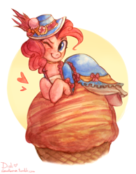 Size: 1280x1643 | Tagged: safe, artist:cloudlama, pinkie pie, earth pony, pony, clothes, costume, dress, female, food, hat, ice cream, mare, one eye closed, solo, wink