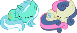 Size: 1354x590 | Tagged: safe, artist:doctor-g, bon bon, lyra heartstrings, sweetie drops, curled up, cute, simple background, sleeping, transparent background, vector