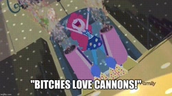 Size: 800x446 | Tagged: safe, edit, edited screencap, screencap, pinkie pie, equestria girls, friendship games, discovery family logo, hellsing, hellsing ultimate abridged, image macro, meme, party cannon, solo, vulgar