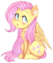 Size: 790x949 | Tagged: safe, artist:shiromidorii, fluttershy, pegasus, pony, blushing, chest fluff, ear fluff, open mouth, simple background, sitting, solo, transparent background