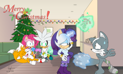 Size: 2383x1429 | Tagged: dead source, safe, artist:atomiclance, pinkie pie, rarity, oc, oc:raxx, anthro, plantigrade anthro, christmas lights, christmas tree, crossover, glowing horn, levitation, magic, miles "tails" prower, mistletoe, paws, psychic powers, silver the hedgehog, sonic the hedgehog (series), sonicified, telekinesis, tree