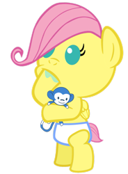 Size: 735x999 | Tagged: safe, artist:babyshy, fluttershy, monkey, pegasus, pony, baby, baby pony, babyshy, bipedal, cute, diaper, hoof sucking, plushie, shyabetes, simple background, solo, transparent background, vector