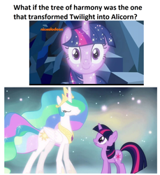 Size: 1340x1460 | Tagged: safe, edit, edited screencap, screencap, princess celestia, twilight sparkle, unicorn twilight, alicorn, pony, unicorn, magical mystery cure, season 3, season 8, what lies beneath, celestial plane, ethereal mane, female, mare, nickelodeon, op might be on to something, princess celestia's special princess making dimension, sparkles, theory, tree of harmony, treelight sparkle, what if