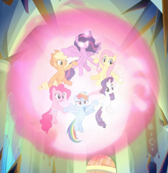 Size: 747x770 | Tagged: safe, derpibooru import, screencap, applejack, fluttershy, pinkie pie, rainbow dash, rarity, twilight sparkle, twilight sparkle (alicorn), alicorn, earth pony, pegasus, pony, unicorn, the beginning of the end, cropped, ethereal mane, floating, glowing horn, group, holding hooves, horn, magic, magic aura, magic of friendship, mane six, spread wings, wings