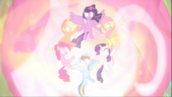 Size: 1669x938 | Tagged: safe, derpibooru import, screencap, applejack, fluttershy, pinkie pie, rainbow dash, rarity, twilight sparkle, twilight sparkle (alicorn), alicorn, earth pony, pegasus, pony, unicorn, the beginning of the end, cropped, ethereal mane, glowing eyes, glowing horn, group, holding hooves, horn, magic, magic aura, magic of friendship, mane six, spread wings, wings