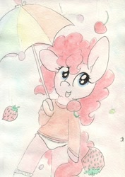 Size: 1004x1415 | Tagged: safe, artist:slightlyshade, pinkie pie, anthro, bipedal, clothes, food, panties, solo, strawberry, sweater, traditional art, umbrella, underwear, white underwear