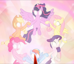 Size: 1082x939 | Tagged: safe, derpibooru import, screencap, applejack, fluttershy, pinkie pie, rainbow dash, rarity, twilight sparkle, twilight sparkle (alicorn), alicorn, earth pony, pegasus, pony, unicorn, the beginning of the end, cropped, ethereal mane, glowing eyes, glowing horn, group, holding hooves, horn, magic, magic aura, magic of friendship, mane six, spread wings, wings