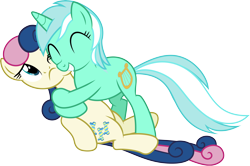 Size: 9654x6405 | Tagged: safe, artist:vulthuryol00, bon bon, lyra heartstrings, sweetie drops, absurd resolution, bon bon is not amused, female, hug, lesbian, lyrabon, shipping, show accurate