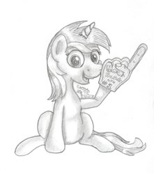 Size: 1740x1964 | Tagged: safe, artist:inurantchan, lyra heartstrings, pony, unicorn, foam finger, grayscale, hand, monochrome, simple background, sitting, smiling, solo, that pony sure does love hands, traditional art, white background