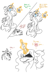 Size: 1024x1600 | Tagged: safe, artist:detoxx-retoxx, discord, princess celestia, alicorn, draconequus, pony, alternate hairstyle, comic, crying, dislestia, eating, female, food, glowing horn, hidden eyes, ice cream, male, mood swing, out of character, partial color, ponytail, pregnant, shipping, soap opera, straight