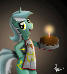 Size: 1800x2000 | Tagged: safe, artist:bronyontheway, lyra heartstrings, pony, semi-anthro, unicorn, apron, bipedal, cake, clothes, female, looking at you, mare, oven mitts, smiling, smiling at you, solo