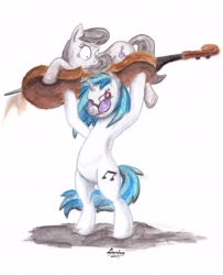 Size: 4652x5736 | Tagged: safe, artist:lardon-draconis, dj pon-3, octavia melody, vinyl scratch, earth pony, pony, absurd resolution, cello, lifting, musical instrument