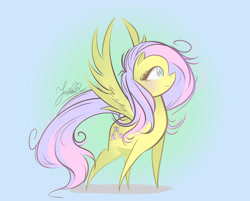 Size: 2997x2411 | Tagged: safe, artist:bayleaf99, fluttershy, pegasus, pony, gradient background, pointy ponies, solo, spread wings