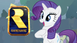 Size: 627x350 | Tagged: safe, edit, edited screencap, editor:undeadponysoldier, screencap, rarity, pony, unicorn, bipedal, cute, cute smile, female, happy, hoof on chest, i see what you did there, logo, mare, namesake, open mouth, rareware, rareware logo, trademark