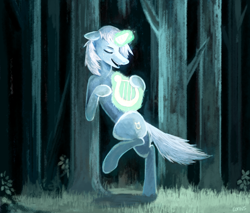 Size: 1800x1531 | Tagged: safe, artist:themightycoolblender, lyra heartstrings, pony, bipedal, dark, forest, glow, glowing horn, grass, lyre, magic, night, solo, telekinesis, tree