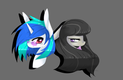 Size: 1219x795 | Tagged: safe, artist:llamabee, dj pon-3, octavia melody, vinyl scratch, earth pony, pony, unicorn, black mane, female, gray coat, horn, mare, two toned mane, white coat