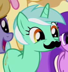 Size: 219x232 | Tagged: safe, lyra heartstrings, pony, unicorn, female, green coat, horn, mare, moustache, moustache edit, two toned mane