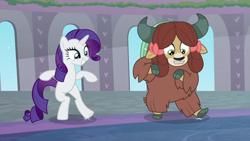 Size: 1280x720 | Tagged: safe, screencap, rarity, yona, pony, unicorn, yak, she's all yak, bow, cloven hooves, dancing, duo, female, hair bow, mare, monkey swings