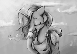 Size: 2341x1651 | Tagged: safe, artist:cookiedesu, princess celestia, alicorn, pony, clothes, cloud, cute, cutelestia, dress, eyes closed, female, hoof shoes, laughing, mare, monochrome, solo