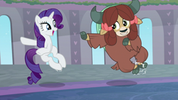 Size: 1280x720 | Tagged: safe, screencap, rarity, yona, pony, unicorn, yak, she's all yak, bow, cloven hooves, dancing, duo, female, hair bow, mare, monkey swings