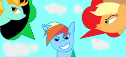 Size: 4000x1801 | Tagged: safe, artist:ksldrdpl, derpibooru import, applejack, lightning dust, rainbow dash, earth pony, pegasus, pony, cowboy hat, eyebrows, eyelashes, female, hat, pouty lips, sky, smiling, smirk, stetson