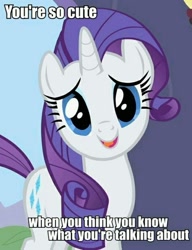 Size: 707x921 | Tagged: safe, edit, edited screencap, screencap, rarity, pony, unicorn, caption, compliment, female, image macro, looking at you, mare, meme, open mouth, reaction image, solo, talking to viewer, text