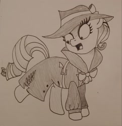 Size: 2201x2272 | Tagged: safe, artist:iffoundreturntorarity, rarity, pony, unicorn, atg 2019, detective rarity, monochrome, newbie artist training grounds, outfit, traditional art