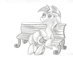 Size: 2233x1746 | Tagged: safe, artist:inurantchan, lyra heartstrings, bench, monochrome, sitting, sitting lyra, solo, traditional art