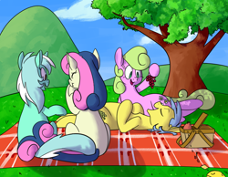 Size: 900x700 | Tagged: safe, artist:goat train, bon bon, daisy, flower wishes, goldengrape, lyra heartstrings, sir colton vines iii, sweetie drops, daisygrape, double date, female, grapes, male, picnic, picnic basket, picnic blanket, shipping, straight, tree