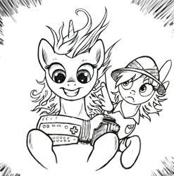 Size: 663x671 | Tagged: safe, artist:choedan-kal, daring do, lyra heartstrings, monochrome, power glove