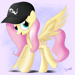 Size: 2000x2000 | Tagged: safe, artist:songbirdserenade, discord, fluttershy, pegasus, pony, baseball cap, cap, hat, high res, implied discord, raised leg, solo