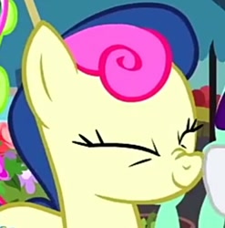 Size: 378x382 | Tagged: safe, screencap, bon bon, rarity, sweetie drops, earth pony, pony, unicorn, it isn't the mane thing about you, adorabon, amused, background pony, bon bon is amused, boop, cropped, cute, eyes closed, female, mare, scrunchy face