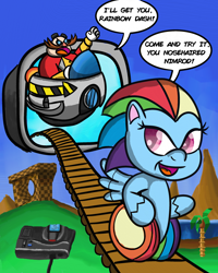 Size: 2400x3000 | Tagged: safe, artist:saburodaimando, derpibooru import, rainbow dash, pegasus, pony, my little pony: pony life, bipedal, egg mobile, green hill zone, robotnik, scott shaw, sega genesis, sonic boom, sonic dash, sonic the hedgehog, sonic the hedgehog (series), sonic-style rainbow dash, wheel o feet