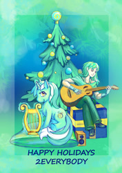 Size: 751x1063 | Tagged: safe, artist:a-elly, lyra heartstrings, human, pony, unicorn, fanfic:anthropology, christmas, christmas tree, fanfic, fanfic art, female, glowing horn, guitar, hooves, horn, human ponidox, humanized, levitation, light skin, lyre, magic, mare, present, telekinesis, tree