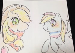 Size: 1024x734 | Tagged: safe, artist:ibituyukke, derpibooru import, applejack, rainbow dash, earth pony, pegasus, pony, colored pencil drawing, traditional art