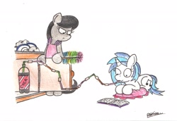 Size: 2045x1409 | Tagged: safe, artist:bobthedalek, dj pon-3, octavia melody, vinyl scratch, earth pony, pony, unicorn, apron, clothes, cupboard, dishes, duo, lazy, octavia is not amused, straw, traditional art, unamused