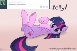 Size: 3000x1982 | Tagged: safe, artist:galekz, derpibooru import, twilight sparkle, ask, ask-kitty-twi, behaving like a cat, bellyrubs, clothes, cute, legs in air, looking at you, on back, smiling, socks, solo, tumblr, twiabetes, underhoof