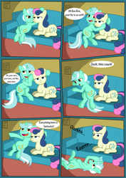 Size: 2893x4092 | Tagged: safe, artist:corina93, bon bon, lyra heartstrings, sweetie drops, earth pony, pony, unicorn, bon bon is not amused, comic, drugs, duo, ecstasy, family guy, parody, reference, sofa, stoned, unamused