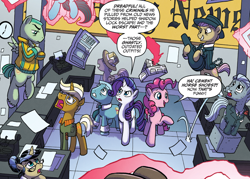 Size: 888x636 | Tagged: safe, artist:tonyfleecs, idw, nosey news, pinkie pie, quill (character), rarity, trenderhoof, earth pony, pegasus, pony, unicorn, from the shadows, spoiler:comic, spoiler:comic52, cement shoes, criminal, cropped, female, gangster, hat, levitation, magic, male, mare, newspaper hat, official comic, paper, paper hat, speech bubble, stallion, telekinesis, unnamed pony