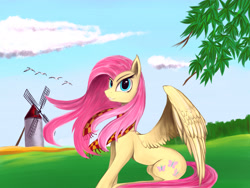 Size: 4000x3000 | Tagged: safe, artist:lth935, fluttershy, bird, pegasus, pony, clothes, cloud, scarf, smiling, smirk, solo, spread wings, tree branch, windmill, windswept mane, wings